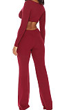 Khaki Club Ribber Long Sleeve V Neck Hollow Out Solid Color Slim Fitting Flare Jumpsuits YT3291-2