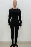 Black Wholesale New Horn Sleeve Zip Fron Top Slit Pencil Pants Slim Fitting Two-Piece YX9295-4