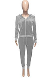 Gray Women Korea Velvet Ribber Spliced Pure Color Long Sleeve Cardigan Hooded Casual Pants Sets Q950-2