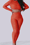 Orange Simple Long Sleeve Round Neck Crop Top Pencil Pants Ruffle Solid Color Sets YMT6236-1