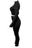 Black Women Autumn Mid High Collar Ribber Solid Color Bodycon High Waist Pants Sets Q959-4