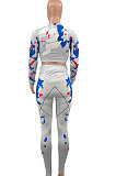 Light Blue Wholesale Autumn Print Long Sleeve Round Neck Crop Top Bodycon Pants Sets YC8052
