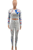 Light Blue Wholesale Autumn Print Long Sleeve Round Neck Crop Top Bodycon Pants Sets YC8052