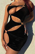 Black Euramerican Sexy Ring Hollow Out Hip Velvet Solid Color Condole Belt Mini Dress HLR17140
