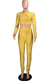 Yellow Simple Long Sleeve Round Neck Crop Top Pencil Pants Ruffle Solid Color Sets YMT6236-3