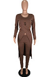 Brown Long Sleeve Round Neck Hollow Out Overlay Tops Pencil Pants Solid Color Sets YNS1609-3