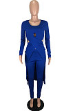 Blue Long Sleeve Round Neck Hollow Out Overlay Tops Pencil Pants Solid Color Sets YNS1609-3
