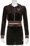 Pink Women Cute Hot Drilling Pleuche Hooded Coat Long Sleeve Zipper Split Skirts Sets HLR17010-1