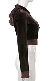 Pink Women Cute Hot Drilling Pleuche Hooded Coat Long Sleeve Zipper Split Skirts Sets HLR17010-1