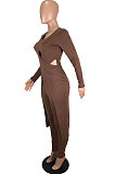 Brown Long Sleeve Round Neck Hollow Out Overlay Tops Pencil Pants Solid Color Sets YNS1609-3