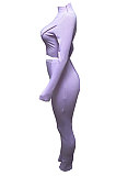 Purple Women Autumn Mid High Collar Ribber Solid Color Bodycon High Waist Pants Sets Q959-6