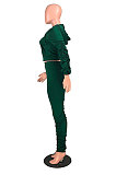 Green Wholesale Velvet Ruffle Sleeve Zip Front Hooded Coat Slit Pants Sport Sets YMT6234-1
