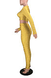 Yellow Simple Long Sleeve Round Neck Crop Top Pencil Pants Ruffle Solid Color Sets YMT6236-3
