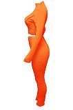 Orange Women Autumn Mid High Collar Ribber Solid Color Bodycon High Waist Pants Sets Q959-3