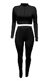 White Women Autumn Mid High Collar Ribber Solid Color Bodycon High Waist Pants Sets Q959-1