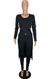 Black Long Sleeve Round Neck Hollow Out Overlay Tops Pencil Pants Solid Color Sets YNS1609-1