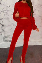 Red Wholesale Velvet Ruffle Sleeve Zip Front Hooded Coat Slit Pants Sport Sets YMT6234-2
