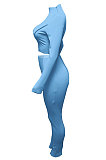 Light Blue Women Autumn Mid High Collar Ribber Solid Color Bodycon High Waist Pants Sets Q959-5