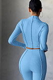 Light Blue Women Autumn Mid High Collar Ribber Solid Color Bodycon High Waist Pants Sets Q959-5