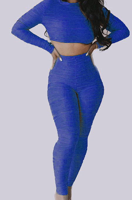 Royal Blue Simple Long Sleeve Round Neck Crop Top Pencil Pants Ruffle Solid Color Sets YMT6236-2
