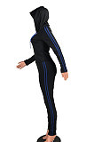Royal Blue Side Stripe Lips Print Long Sleeve Hoodie Sweat Pants Casual Sets YMT6233-1