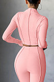 Pink Women Autumn Mid High Collar Ribber Solid Color Bodycon High Waist Pants Sets Q959-2