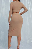 Khaki Sexy Long Sleeve Low-Cut Crop Tops  Button Front Wrap Skirts Sets YNS1626