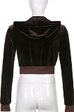 Brown Women Cute Hot Drilling Pleuche Hooded Coat Long Sleeve Zipper Split Skirts Sets HLR17010-2