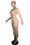 Khaki Sexy Long Sleeve Low-Cut Crop Tops  Button Front Wrap Skirts Sets YNS1626