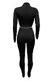 Black Women Autumn Mid High Collar Ribber Solid Color Bodycon High Waist Pants Sets Q959-4