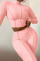 Pink Women Autumn Mid High Collar Ribber Solid Color Bodycon High Waist Pants Sets Q959-2