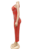 Red Spaghetti Strap See Throgh Mesh Hot Drilling Club Dress XZ3805-2