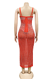 Red Spaghetti Strap See Throgh Mesh Hot Drilling Club Dress XZ3805-2