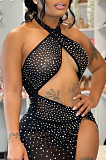 Black Sexy Night Club Hot Drilling Crystal Mesh See Through Long Dress XZ5326-1