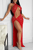 Red Sexy Night Club Hot Drilling Crystal Mesh See Through Long Dress XZ5326-3