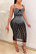 Black Spaghetti Strap See Throgh Mesh Hot Drilling Club Dress