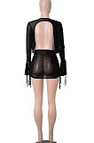Black Sexy Club Suit Long Sleeve Deep V Collar Pure Color Backless Mesh Spaghetti Skirts Sets FMM2095-2