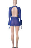 Blue Sexy Club Suit Long Sleeve Deep V Collar Pure Color Backless Mesh Spaghetti Skirts Sets FMM2095-3