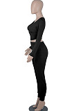 Wine Red Womwn Autumn Long Sleeve V Collar Zipper Pure Color Sexy Bodycon Pants Sets FMM2051-3