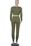 Army Green Womwn Autumn Long Sleeve V Collar Zipper Pure Color Sexy Bodycon Pants Sets FMM2051-4