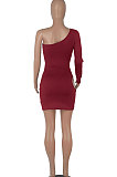 Wine Red Women One Shoulder Pure Color Hollw Out Single Sleeve High Waist Sexy Bodycon Hip Mini Dress FMM2093-3
