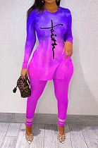 Purple Wholesale Print Long Sleeve Round Neck Top Bodycon Pants Sets YNS1677-2