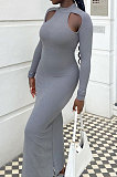Gray Fashion Long Sleeve Sexy Hollow Out Solid Color Mid Waist Long Dress AYM5034-2