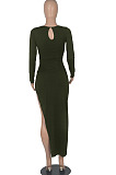 Army Green Euramerican Women Solid Color Long Sleeve Crop High Split High Waist Long Dress FMM2081-4