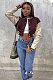 Brown Women Spliced Contrast Color Long Sleeve Pocket Jacket MOL171-3