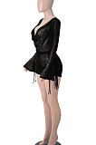 Black Sexy Club Suit Long Sleeve Deep V Collar Pure Color Backless Mesh Spaghetti Skirts Sets FMM2095-2