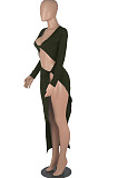 Wine Red Euramerican Women Solid Color Long Sleeve Crop High Split High Waist Long Dress FMM2081-2