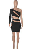 Black Women One Shoulder Pure Color Hollw Out Single Sleeve High Waist Sexy Bodycon Hip Mini Dress FMM2093-6