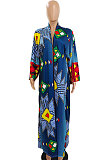 Blue Women Fashion Joket Long Cardigan Loose Printing Jacket NO Waistband DY6943-5