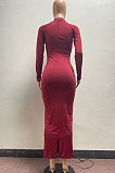 Gray Fashion Long Sleeve Sexy Hollow Out Solid Color Mid Waist Long Dress AYM5034-2